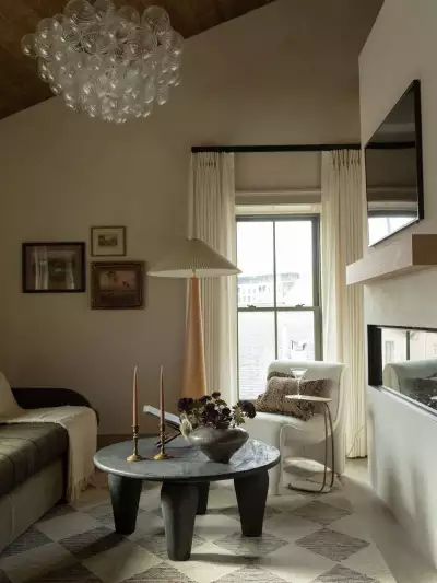 Elora Christmas Market | The living room and fireplace inside a room at Kat Florence Hotel Elora