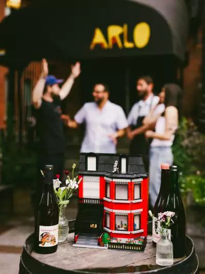 A miniature version of the restaurant and bottles of wine outside Arlo Wine & Restaurant in Ottawa