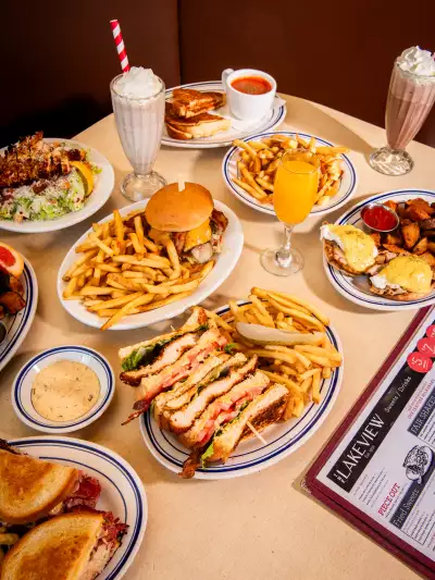 A spread of dishes at The Lakeview Diner