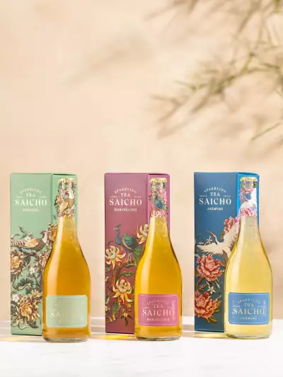 Summer drinks | A lineup of bottles of Saicho Sparkling Tea with gift boxes