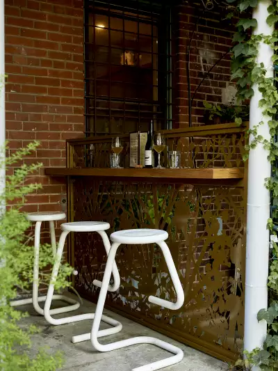Stools on the back patio at Grape Witches on Dundas