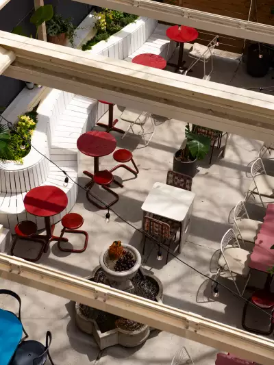 An overhead view of the back patio at Grape Witches on Dundas