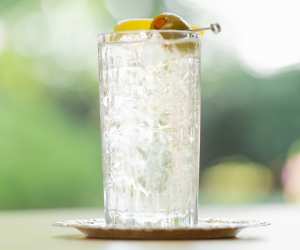 Dirty martini and tonic | A collins glass filled with Dillon's Distillery's Dirty ‘Tini & Tonic