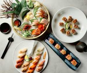 Black + Blue Steakhouse | An overhead shot of sushi, sashimi and seafood at Black + Blue Steakhouse