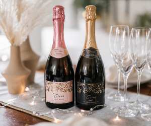 Trius Winery sparkling wine | A bottle of Trius Brut Rosé and Trius Brut sit on a table next to champagne flutes