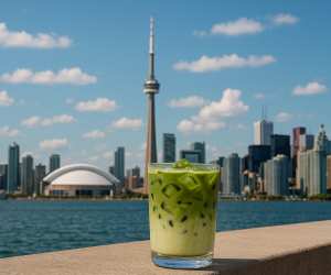 Matcha cafés, lattes and treats in Toronto | A matcha latte against the Toronto skyline