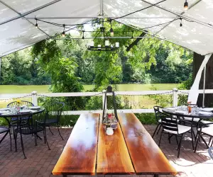 The patio overlooking the Grand River at La Fontana, a restaurant in Elora