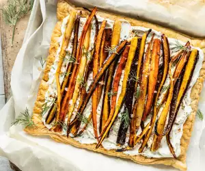 Harissa and Maple Roasted Carrot Tart with Carrot-Top Dill Cream Cheese