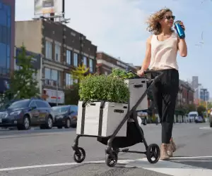Someone pushes a VOOMcart full of groceries
